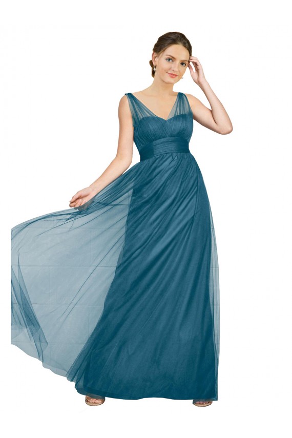 Verde azulado línea A Cuello en V Tul Largo Vestidos de dama de honor Outlet