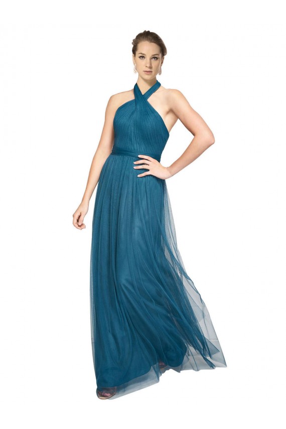 Verde azulado línea A Halter Cuello Alto Tul Largo Vestidos de dama de honor Outlet