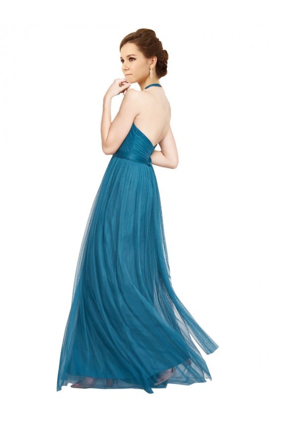 Verde azulado línea A Halter Cuello Alto Tul Largo Vestidos de dama de honor Outlet