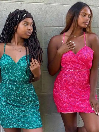 Verde oscuro Cubierta Cuello en V Corto Lentejuelas Terciopelo Corto Vestidos de fiesta Outlet