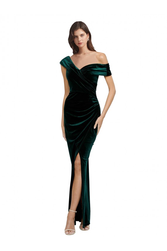 Verde oscuro Cubierta Hombros Descubiertos Terciopelo Elástico Largo Asimétrico Formales Vestidos de dama de honor / Vestidos de fiesta Outlet