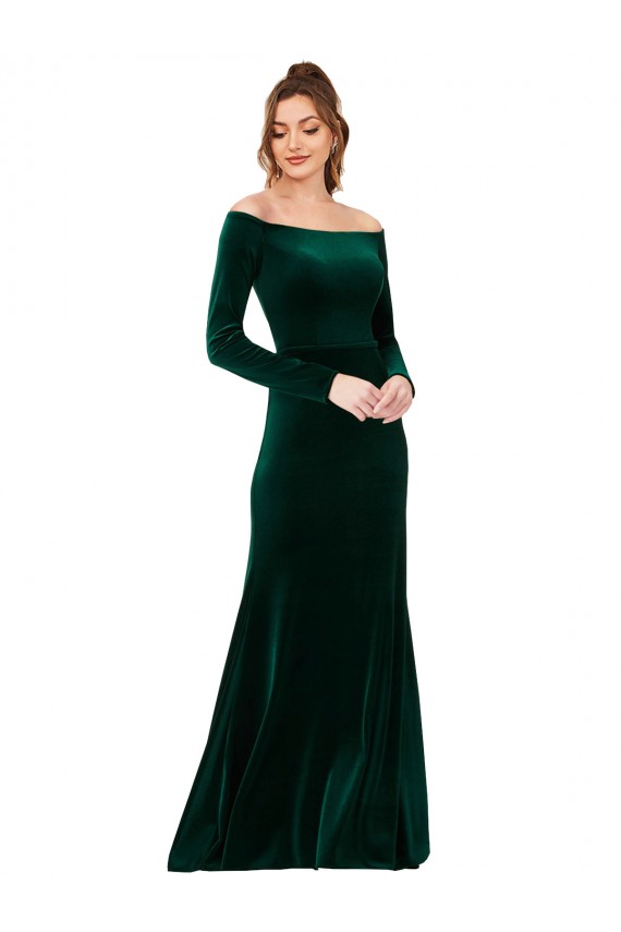Verde oscuro Cubierta Hombros Descubiertos Terciopelo Elástico Largo Formales Vestidos de dama de honor / Vestidos de fiesta Outlet