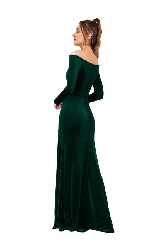 Verde oscuro Cubierta Hombros Descubiertos Terciopelo Elástico Largo Formales Vestidos de dama de honor / Vestidos de fiesta Outlet