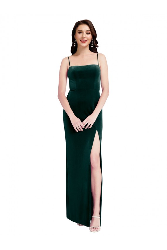 Verde oscuro Cubierta Tirantes espagueti Cuadrado Terciopelo Elástico Largo Vestidos de dama de honor / Vestidos de fiesta Outlet