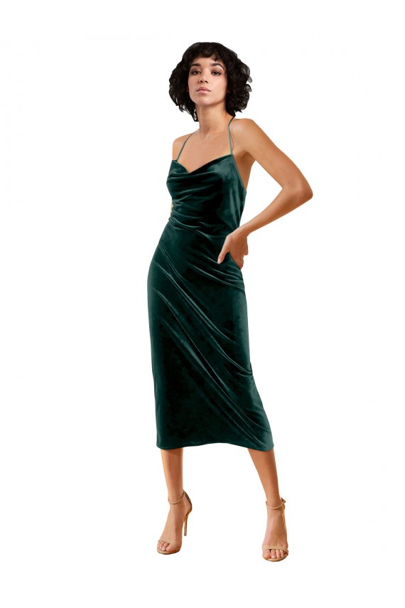 Verde oscuro Cubierta Tirantes espagueti Midi Terciopelo Elástico Corto Formales Vestidos de dama de honor / Vestidos de fiesta / Vestidos de cóctel Outlet