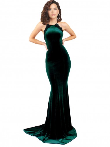 Verde oscuro Sirena Cuello Alto Barrer tren Terciopelo Elástico Largo Formales Vestidos de dama de honor / Vestidos de fiesta Outlet