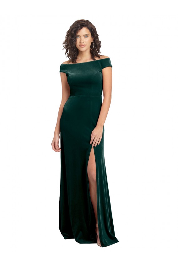Verde oscuro línea A Cuadrado Terciopelo Elástico Largo Formales Vestidos de dama de honor / Vestidos de fiesta Outlet