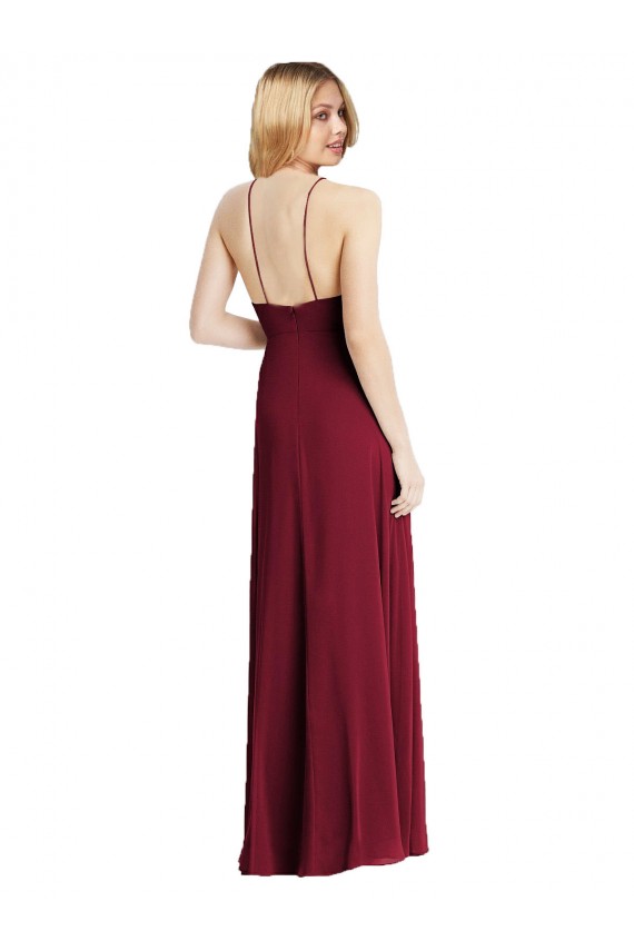 Verde oscuro línea A Tirantes espagueti Cuello Alto Gasa Largo Vestidos de dama de honor Outlet