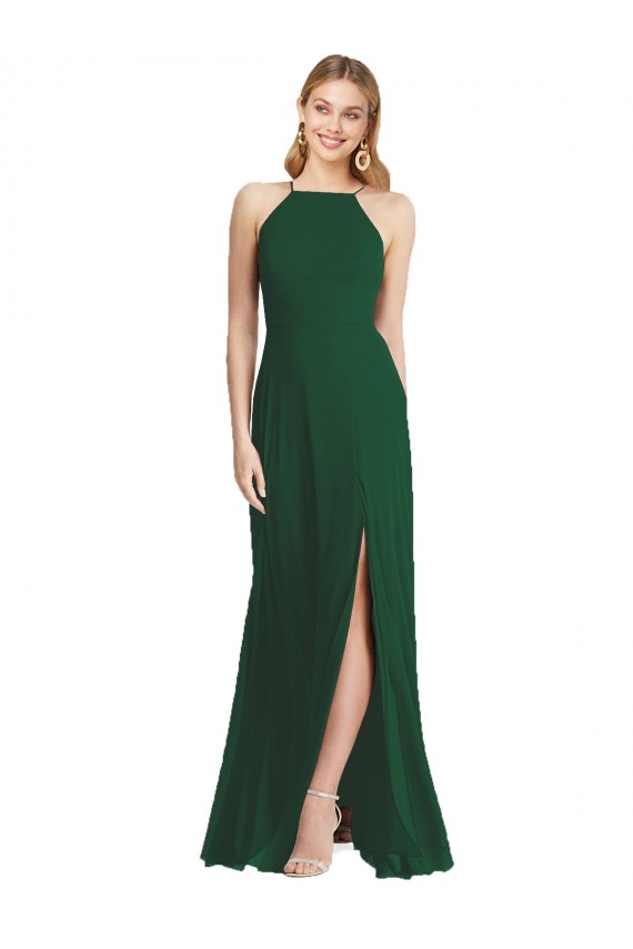 Verde oscuro línea A Tirantes espagueti Cuello Alto Gasa Largo Vestidos de dama de honor Outlet