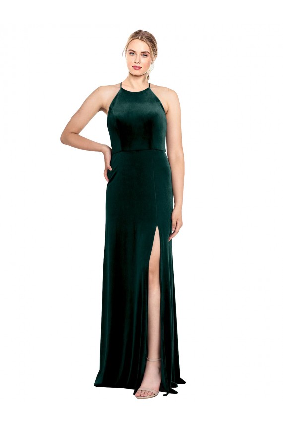 Verde oscuro línea A Tirantes espagueti Cuello joya Terciopelo Elástico Largo Vestidos de dama de honor / Vestidos de fiesta Outlet