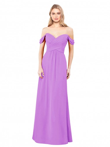 Violeta línea A Hombros Descubiertos Gasa Largo Vestidos de dama de honor Outlet