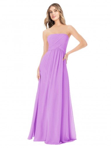 Violeta línea A Sin tirantes Gasa Largo Vestidos de dama de honor Outlet
