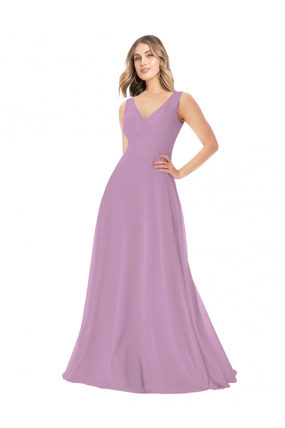 lavanda oscura línea A Cuello en V Gasa Largo Vestidos de dama de honor Outlet