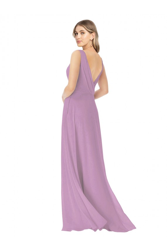 lavanda oscura línea A Cuello en V Gasa Largo Vestidos de dama de honor Outlet