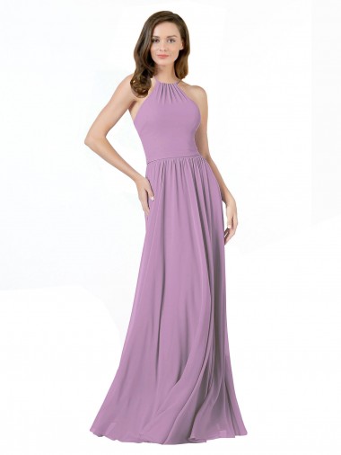 lavanda oscura línea A Halter Gasa Largo Vestidos de dama de honor Outlet