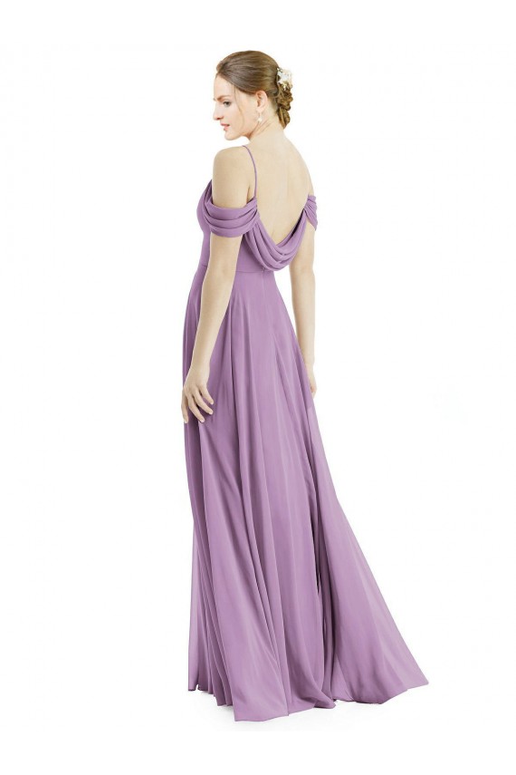 lavanda oscura línea A Hombros Descubiertos Tirantes espagueti Gasa Largo Vestidos de dama de honor Outlet
