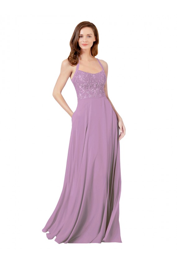 lavanda oscura línea A Tirantes espagueti Gasa Encaje Largo Vestidos de dama de honor Outlet