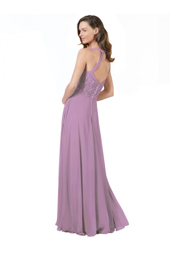 lavanda oscura línea A Tirantes espagueti Gasa Encaje Largo Vestidos de dama de honor Outlet