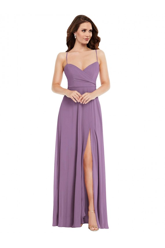 lavanda oscura línea A Tirantes espagueti Gasa Largo Vestidos de dama de honor Outlet