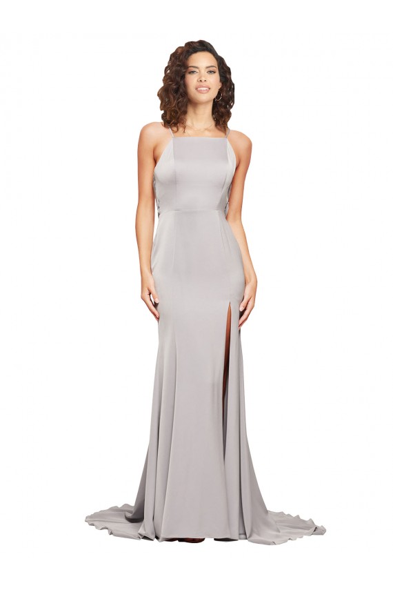 línea A Cuello Alto Barrer tren Satén elástico Largo Formales Vestidos de dama de honor / Vestidos de fiesta Outlet