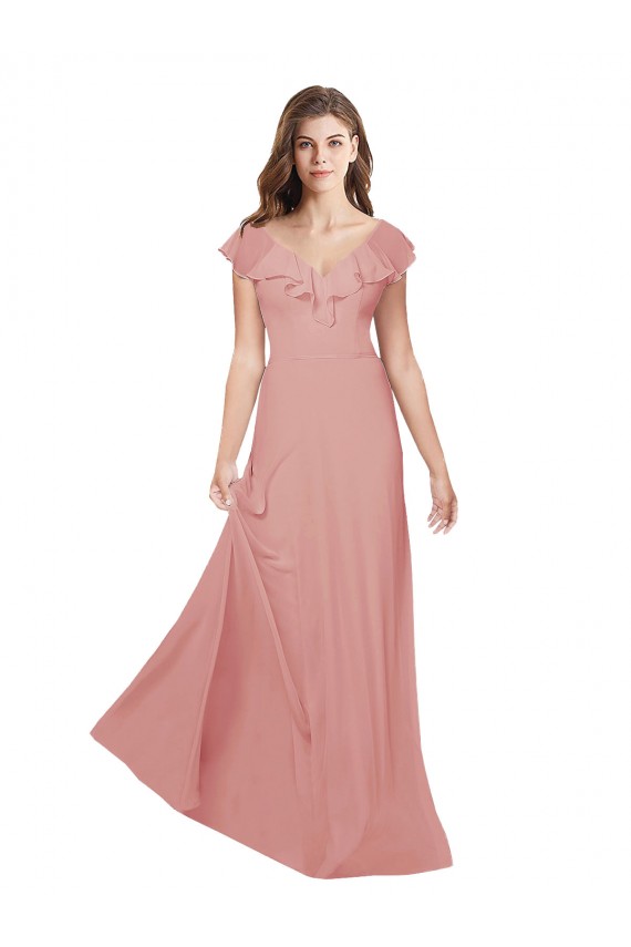 línea A Cuello en V Gasa Largo Vestidos de dama de honor Outlet