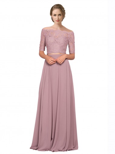 línea A Hombros Descubiertos Gasa Encaje Largo Vestidos de dama de honor / Vestidos de fiesta Outlet